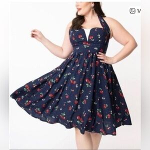 Unique Vintage Sheila Blue & Cherry Womens XL/14 Swing Halter Dress 1950’s Retro